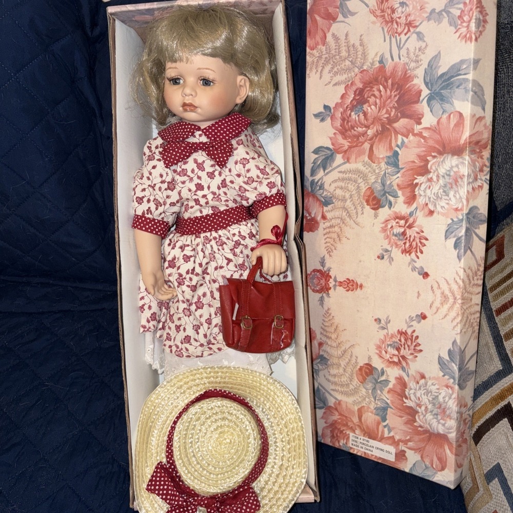 Porcelain Crying Doll Original Box 18" Blonde Hair  Blue Eyes